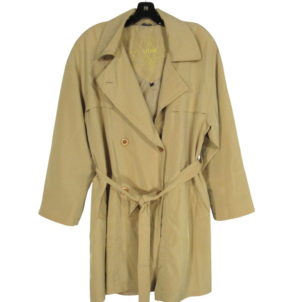UTEX Tan DOUBLE-BREASTED Lined BELTED Pockets SHORT TRENCH COAT Jacket Sz 12